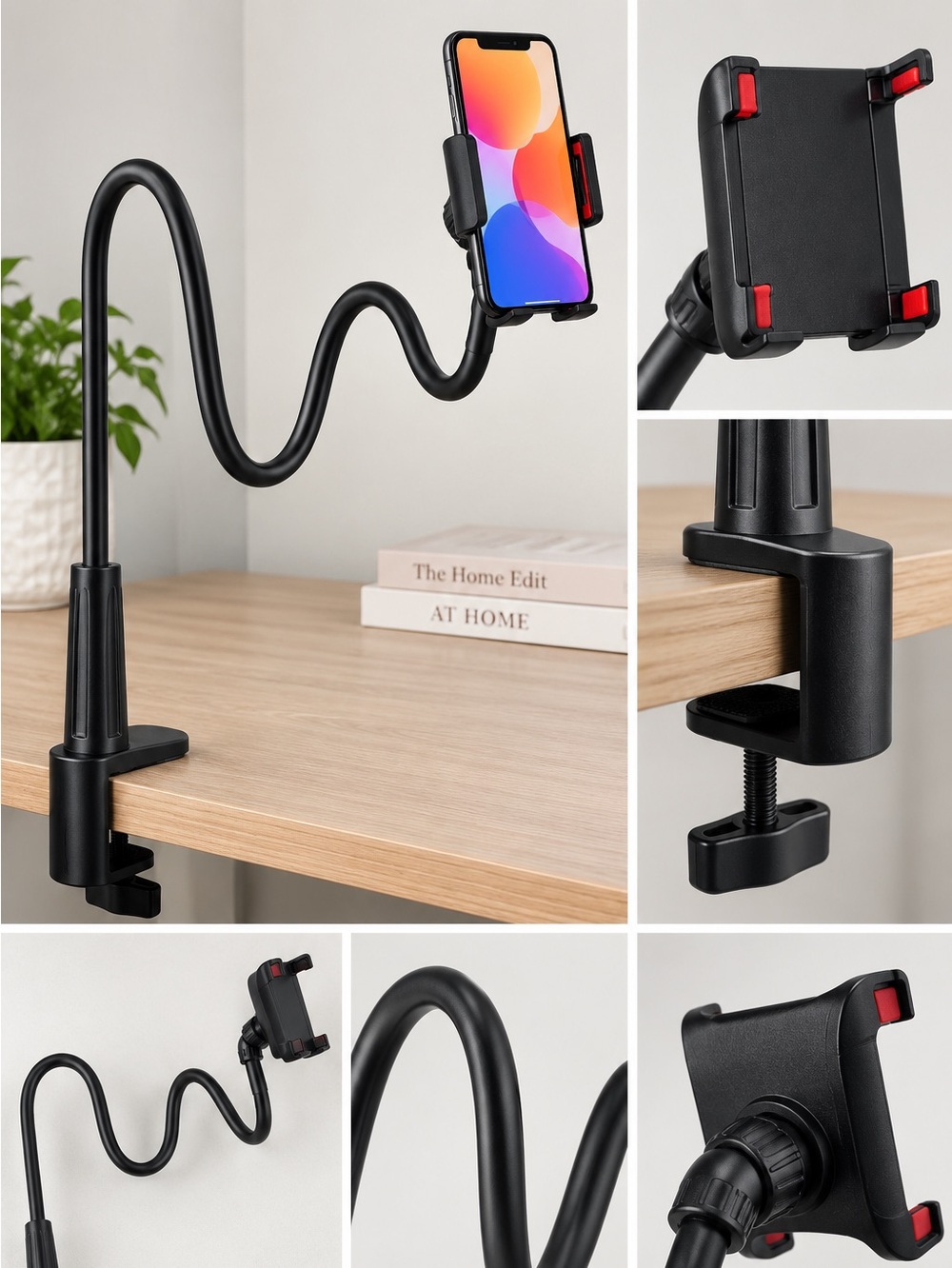 Black Gooseneck Phone Holder Clamp Mount Adjustable